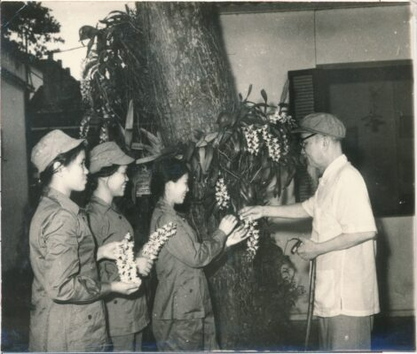 Chủ tịch Hồ Chí Minh tặng hoa cho ba nữ dân quân Quảng Bình và Vĩnh Linh năm 1968 - Ảnh: Tư liệu lịch sử